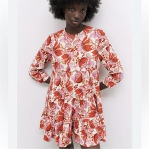 Zara Floral Crinkle Mini Tiered Floral Dress Size Medium